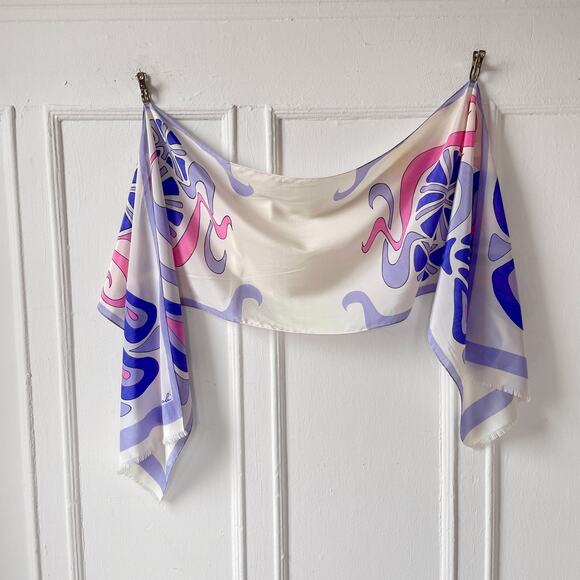 VTG Deco Abstract Floral Rectangle Silk Scarf 70s Signed Scali Pink Raw Edge - Picture 3 of 6